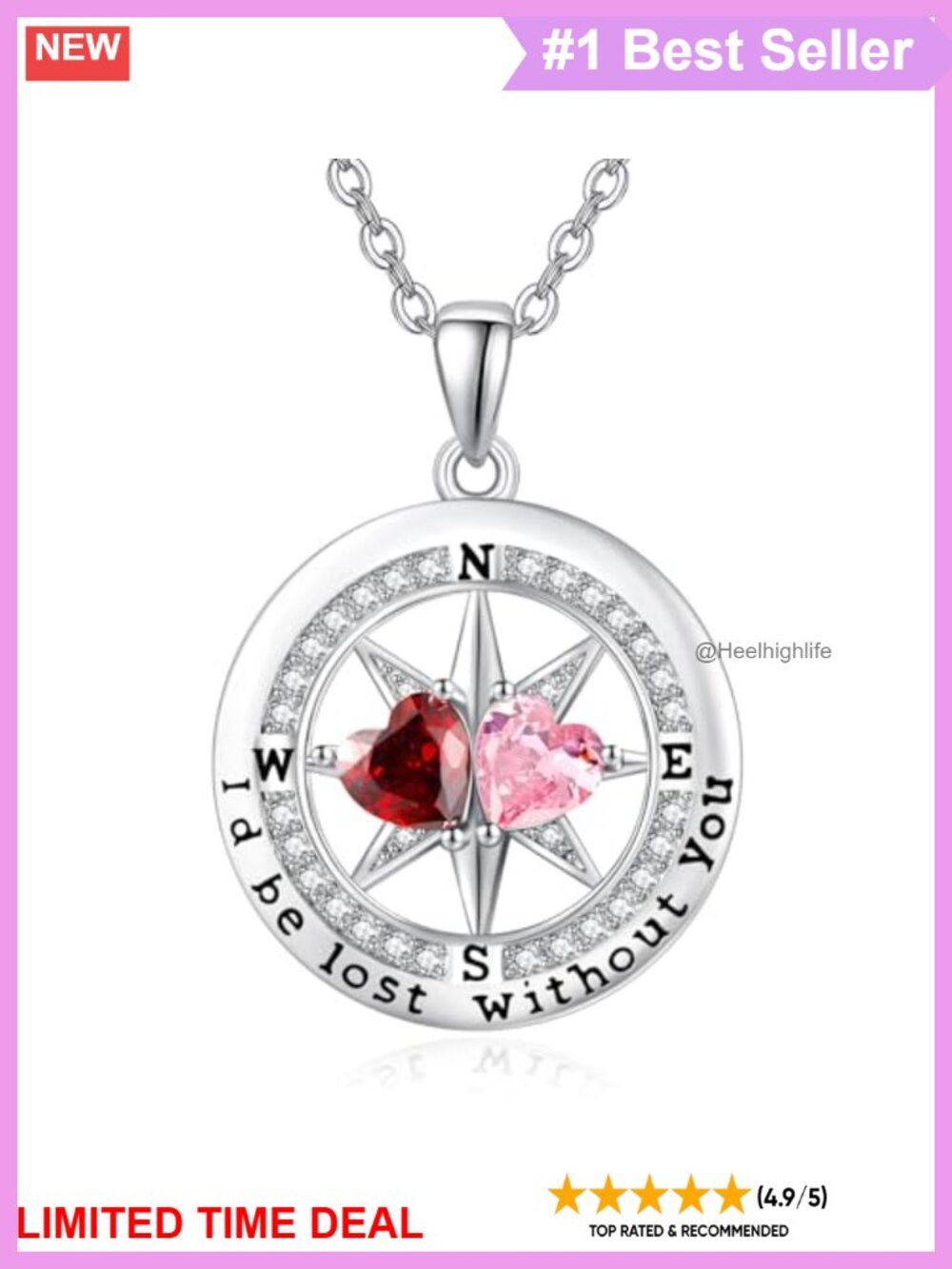 White Gold Plated Compass Birthstone Pendant Necklace 18+2"